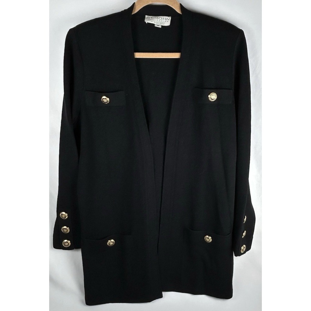 Vtg St John Marie Gray Black Santana Knit Gold Crest Buttons Jacket Cardigan M